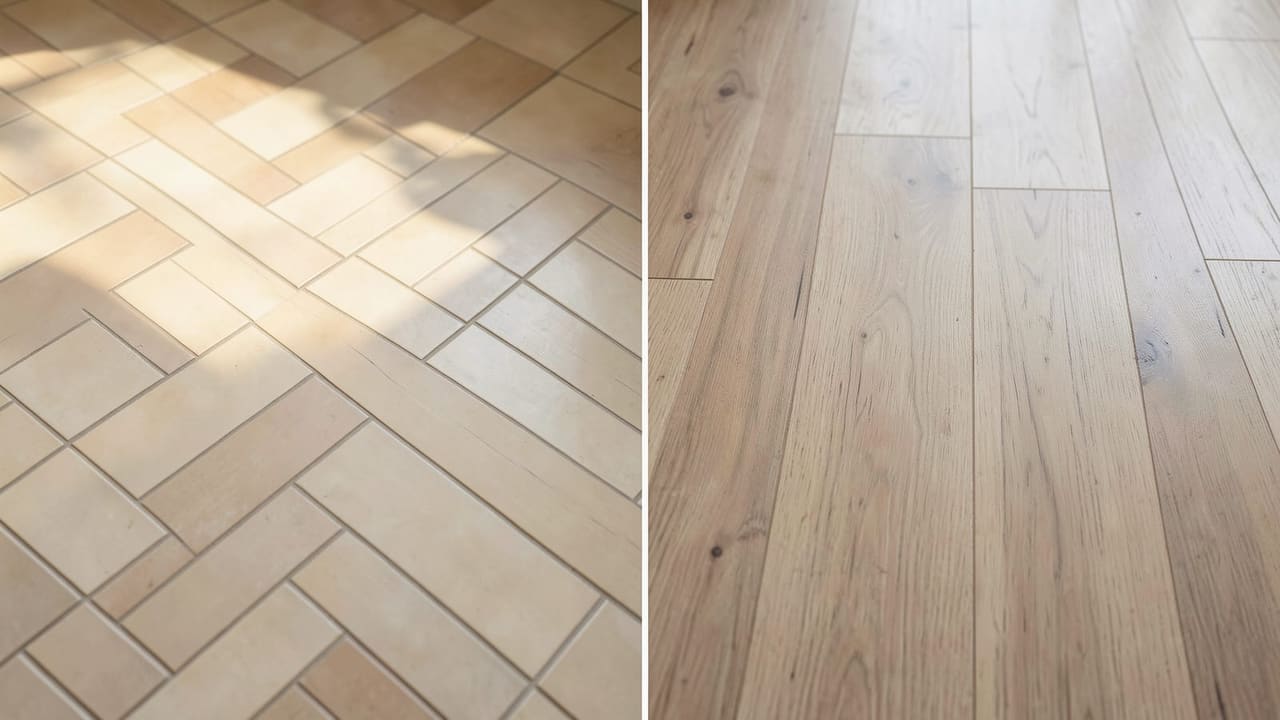 Illustration éditoriale de l'article : Chevron ou imitation parquet : comment choisir en 2026