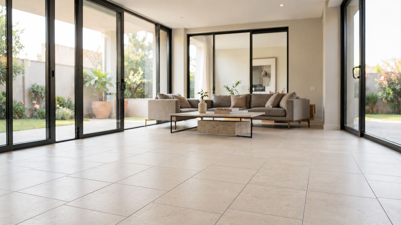 Sol carrelage 60×60 grès cérame effet pierre claire, dalles parfaitement alignées
