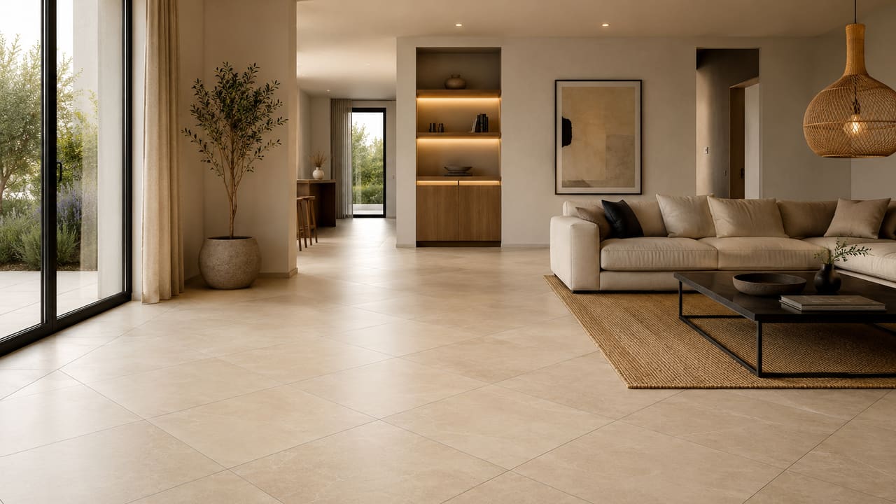 Carrelage 45×45 posé en diagonale 45° séjour contemporain