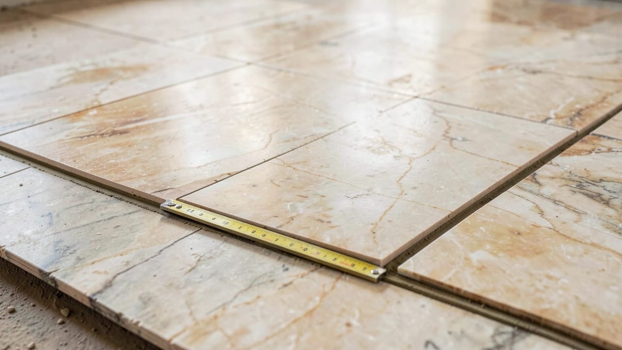 Pose grand format 90×90 effet marbre Calacatta, joints minces alignés