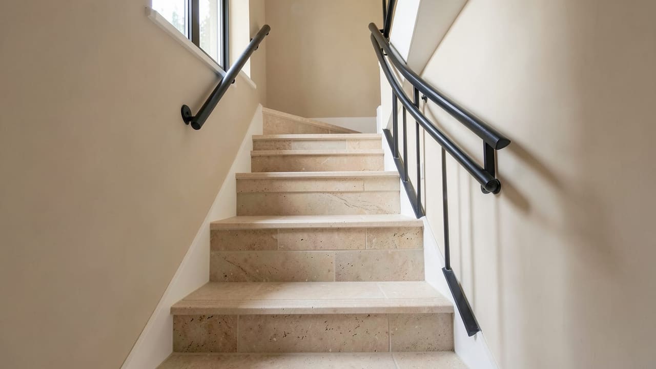 Escalier rénové en grès cérame imitation pierre claire, nez-de-marche biseautés