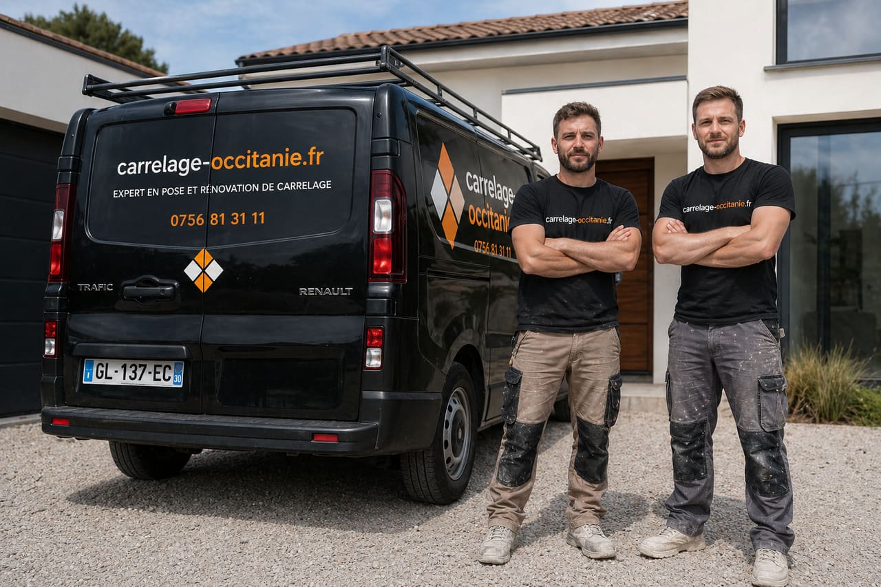 L'équipe Carreleur Occitanie en tenue de chantier — artisans carreleurs sélectionnés intervenant en Haute-Garonne, Tarn, Tarn-et-Garonne et Gers