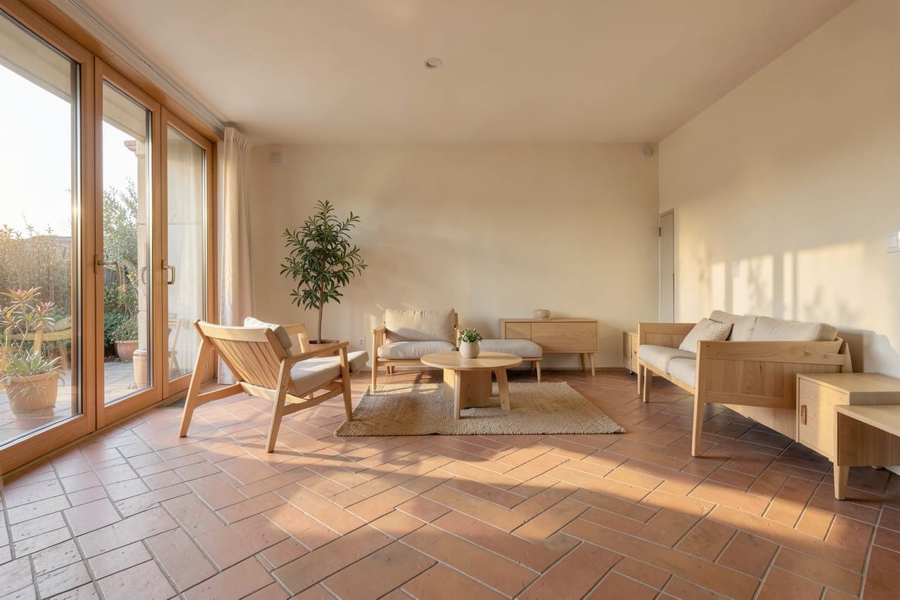 Vaste séjour avec sol carrelage chevron terracotta clair en pose arête de poisson