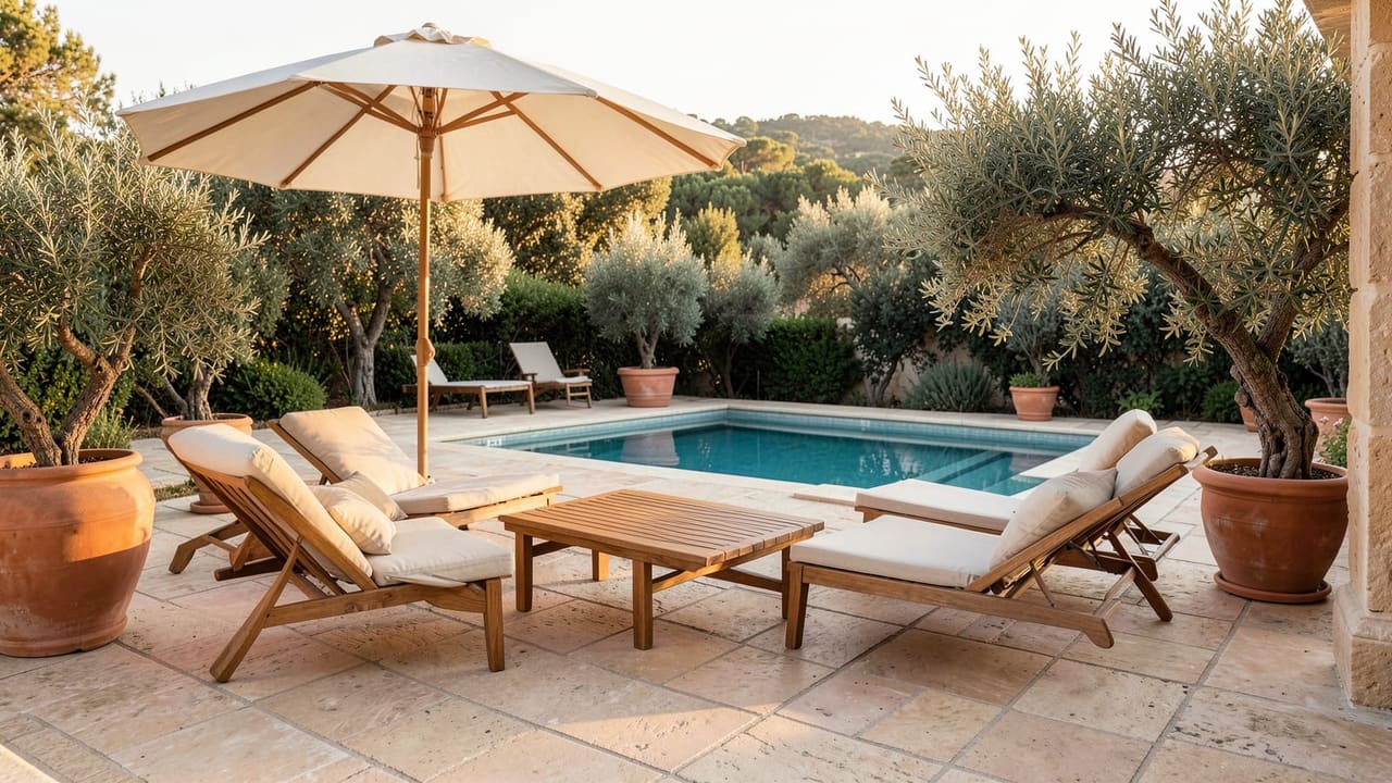 Terrasse extérieure carrelée pierre naturelle beige, mobilier outdoor teck, piscine bleue en arrière-plan, lumière dorée méditerranéenne