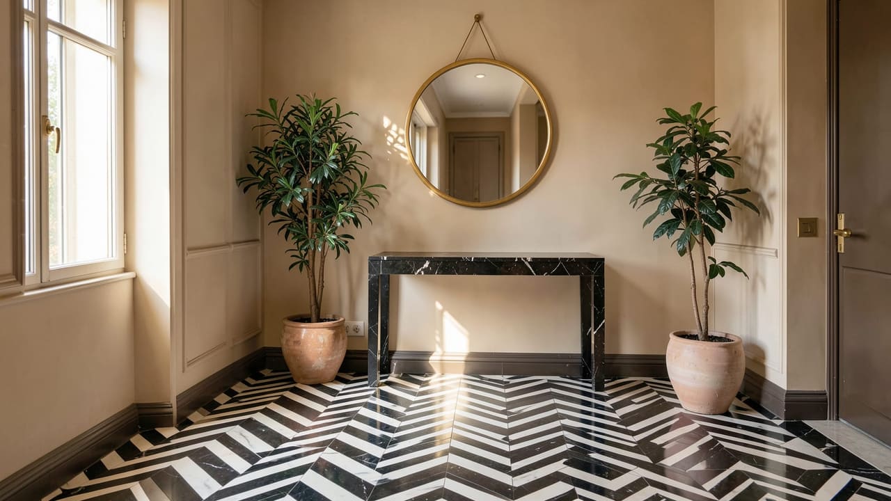 Pose chevron noir et blanc dans entrée art-déco contemporaine, miroir doré rond