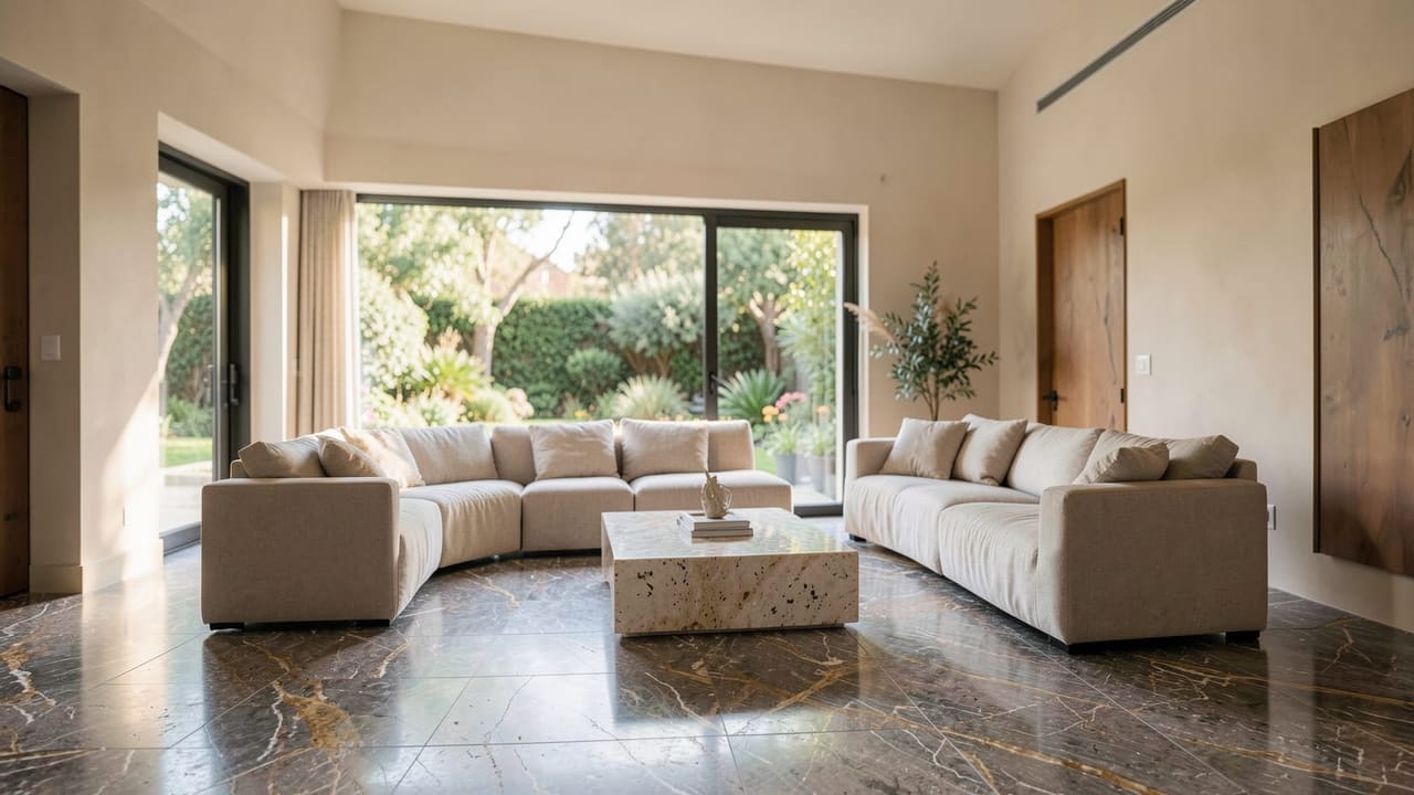 Salon contemporain spacieux avec sol carrelage 90×90 effet marbre Calacatta veiné
