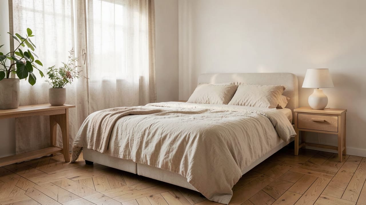 Chambre lumineuse au sol carrelage imitation parquet chêne clair pose à coupe perdue