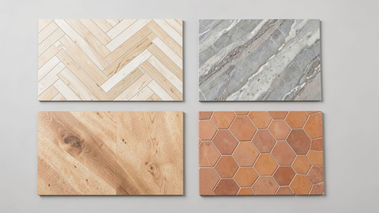 Quatre échantillons de carrelage premium : chevron crème, dalle effet marbre Calacatta, lame imitation parquet chêne, mosaïque hexagonale terracotta