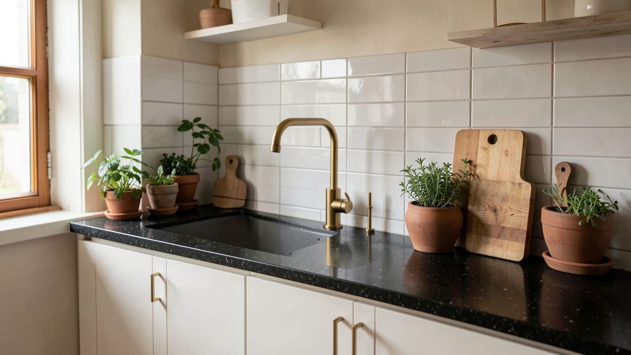Crédence cuisine en faïence métro blanche brillante 7,5×15 cm, plan de travail noir mat granite, robinetterie laiton brossé
