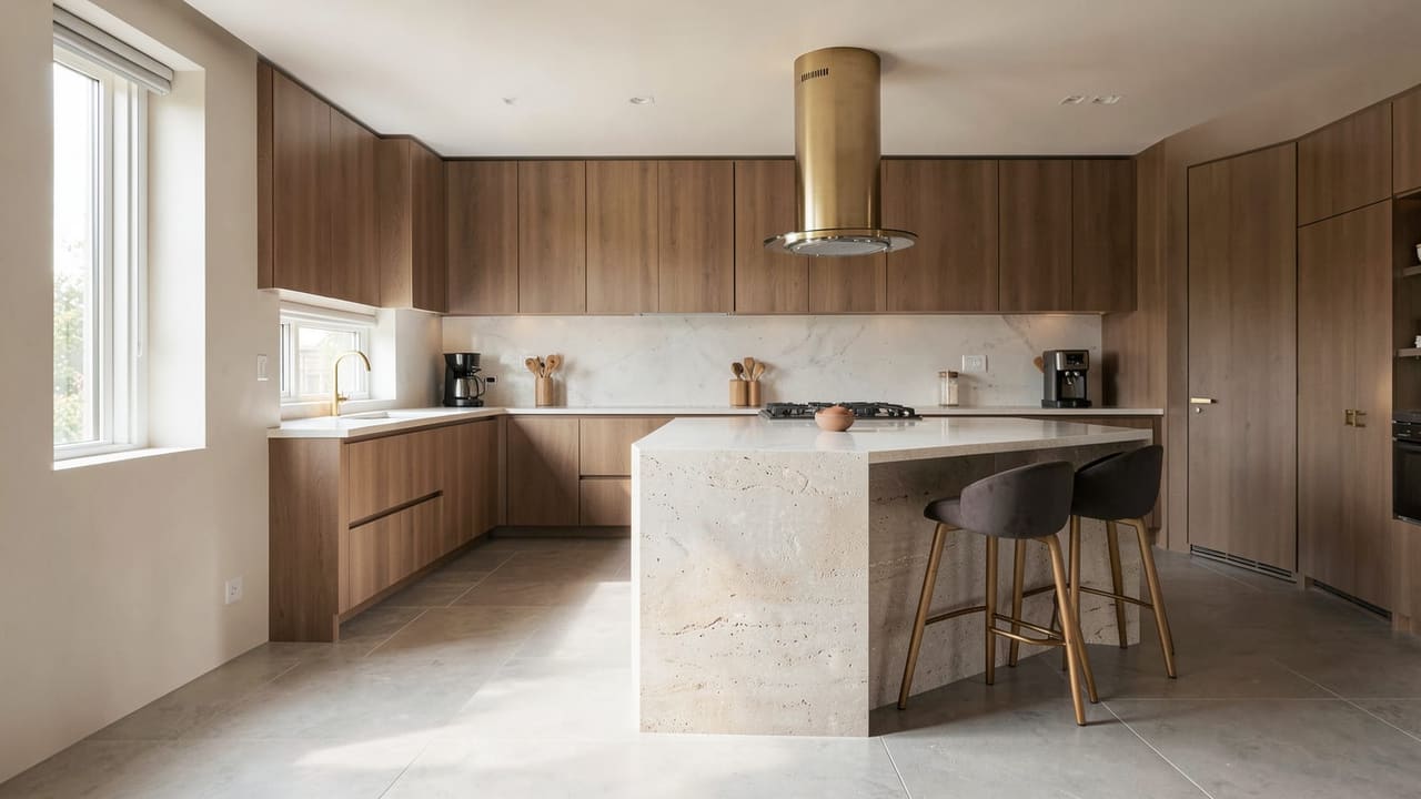 Cuisine ouverte moderne avec sol carrelage gris clair grand format mat 60×60 cm, îlot central pierre claire, lumière naturelle latérale