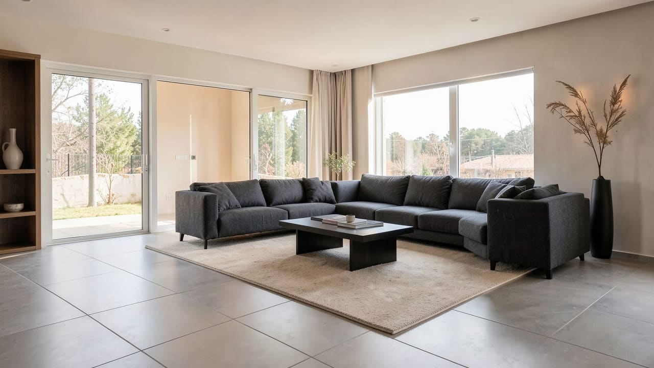 Salon contemporain spacieux avec sol carrelage grand format gris clair flambant neuf après rénovation, atmosphère propre et lumineuse